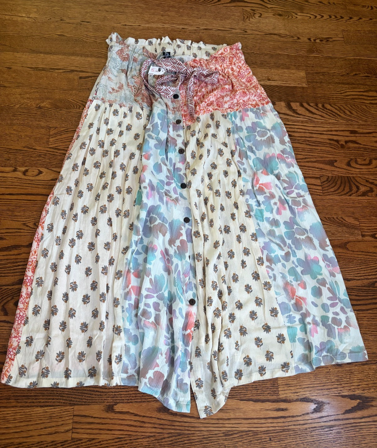 Sacred Threads Bohemian Patchwork Maxi Skirt Multicolor S/M Rayon Drawstring