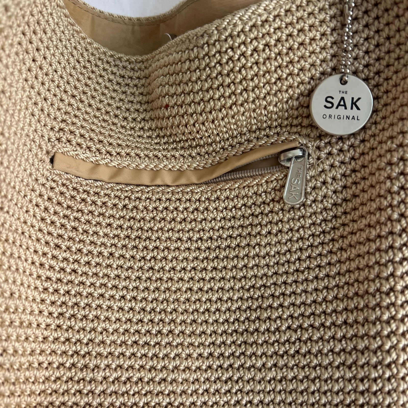 The Sak Original Crochet Tote Bag Beige Woven Shoulder Bag Large Boho Purse
