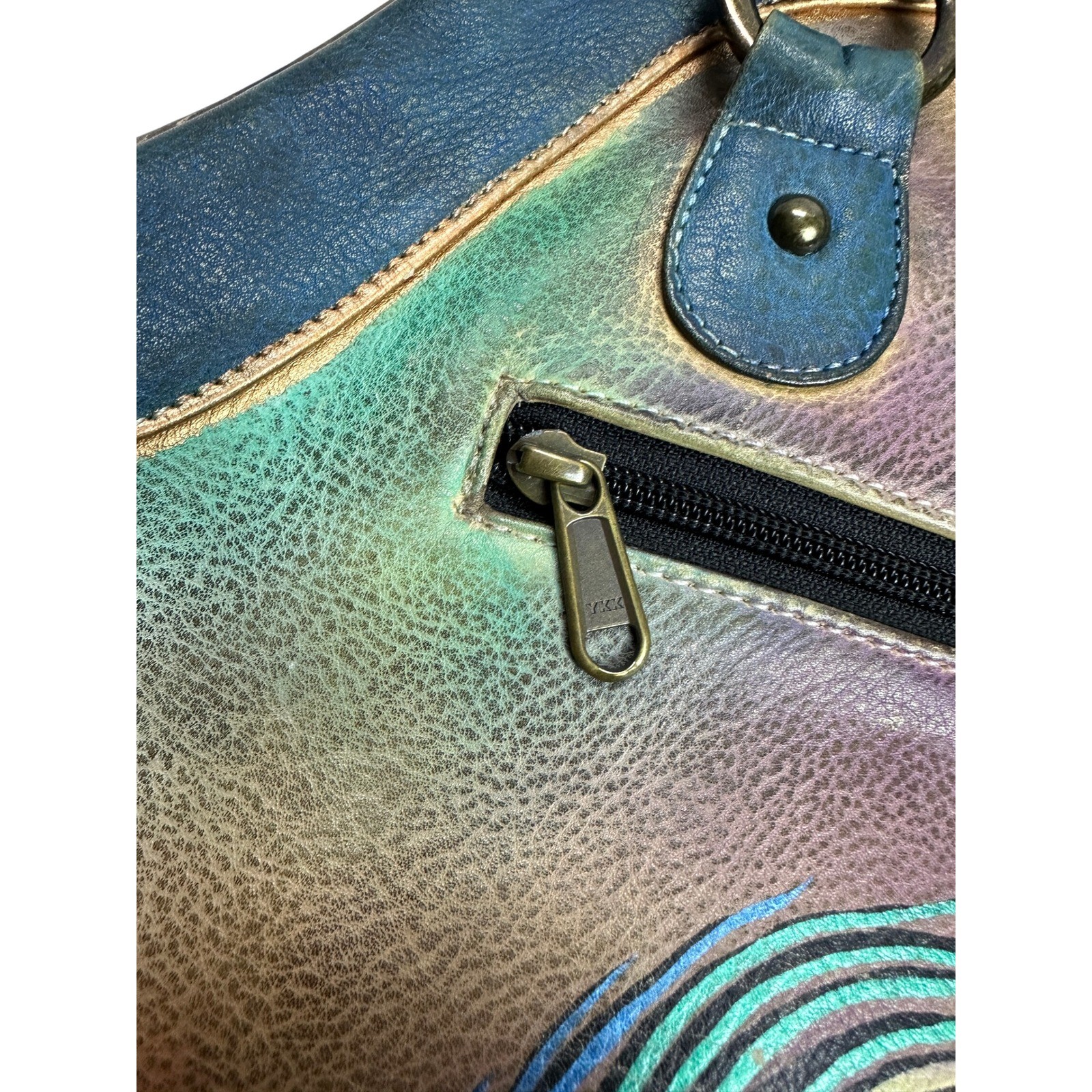 Anuschka Hand Painted Leather Peacock Riveted Floral Shoulder Hand Bag KC