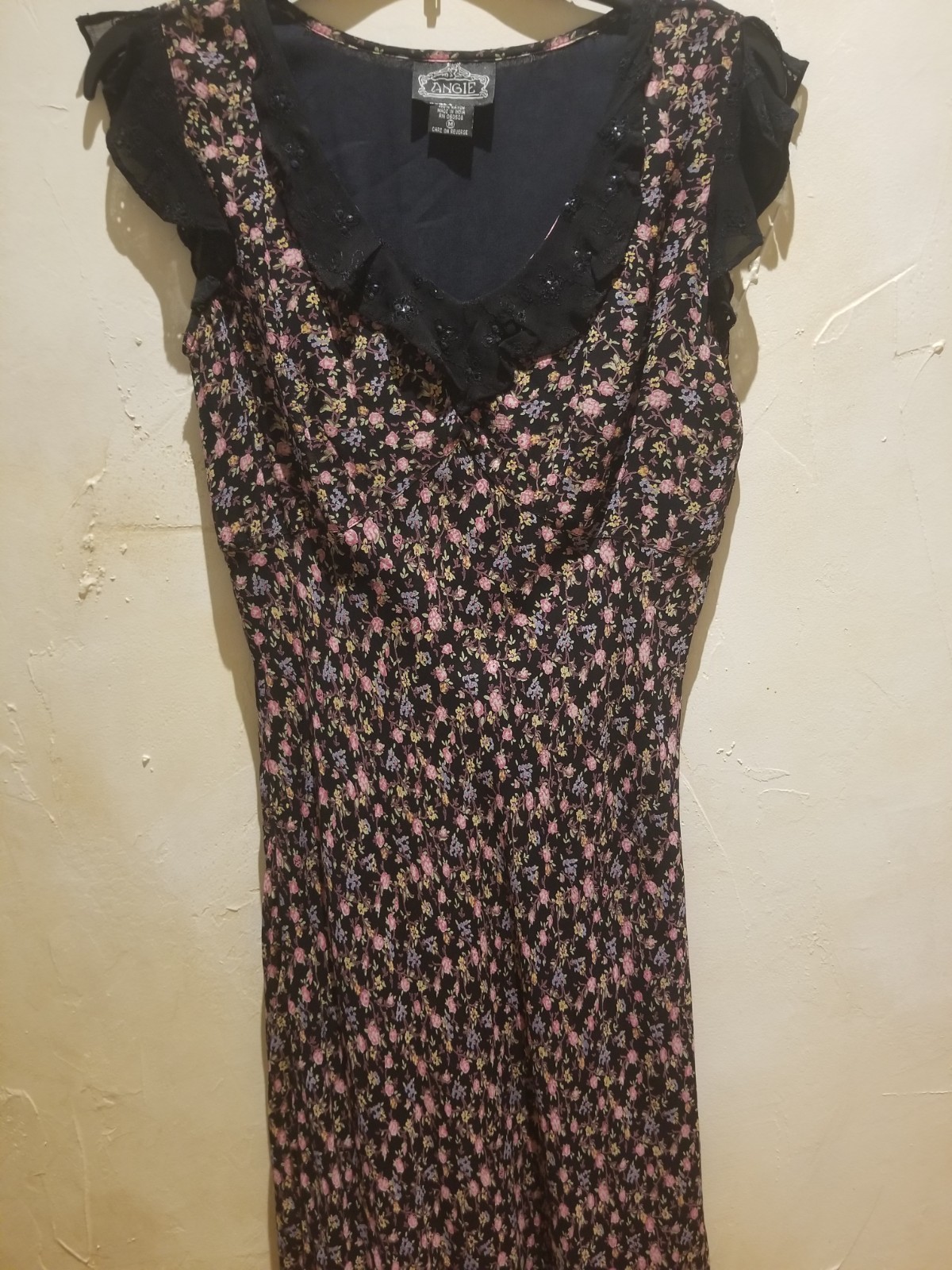ANGIE ROMANTIC BOHO BLACK FLORAL CHIFFON MAXI DRESS SZ M