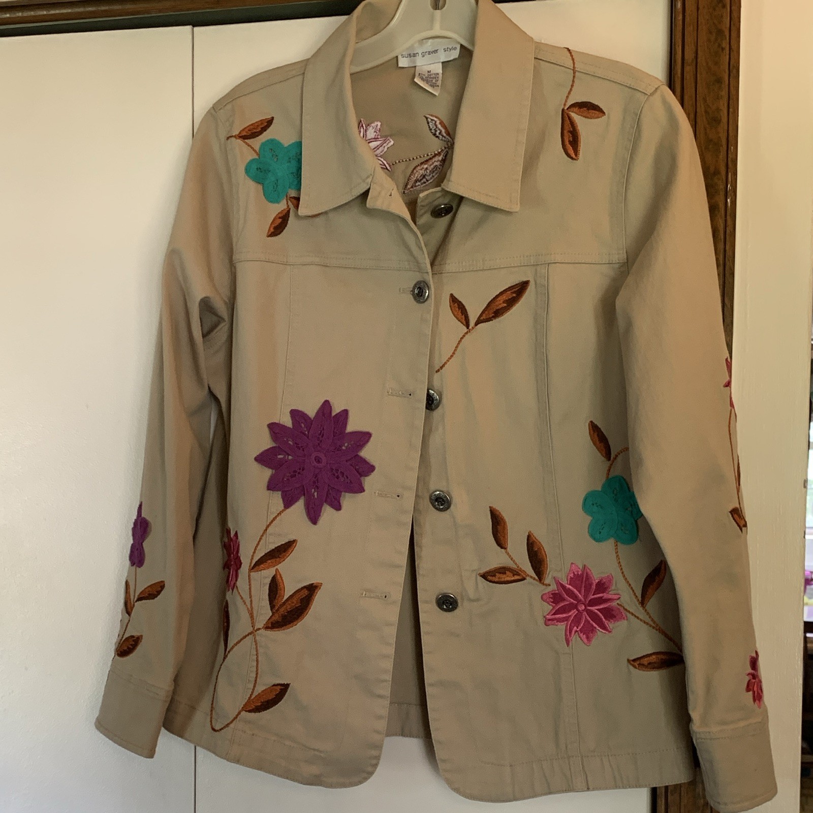 Susan Graver Style Women’s Beige Floral Embroidered Jacket Button-Front M.
