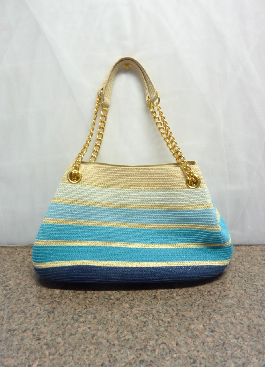 Cool-tone stripe straw chain tote size 15x8x6 inches.