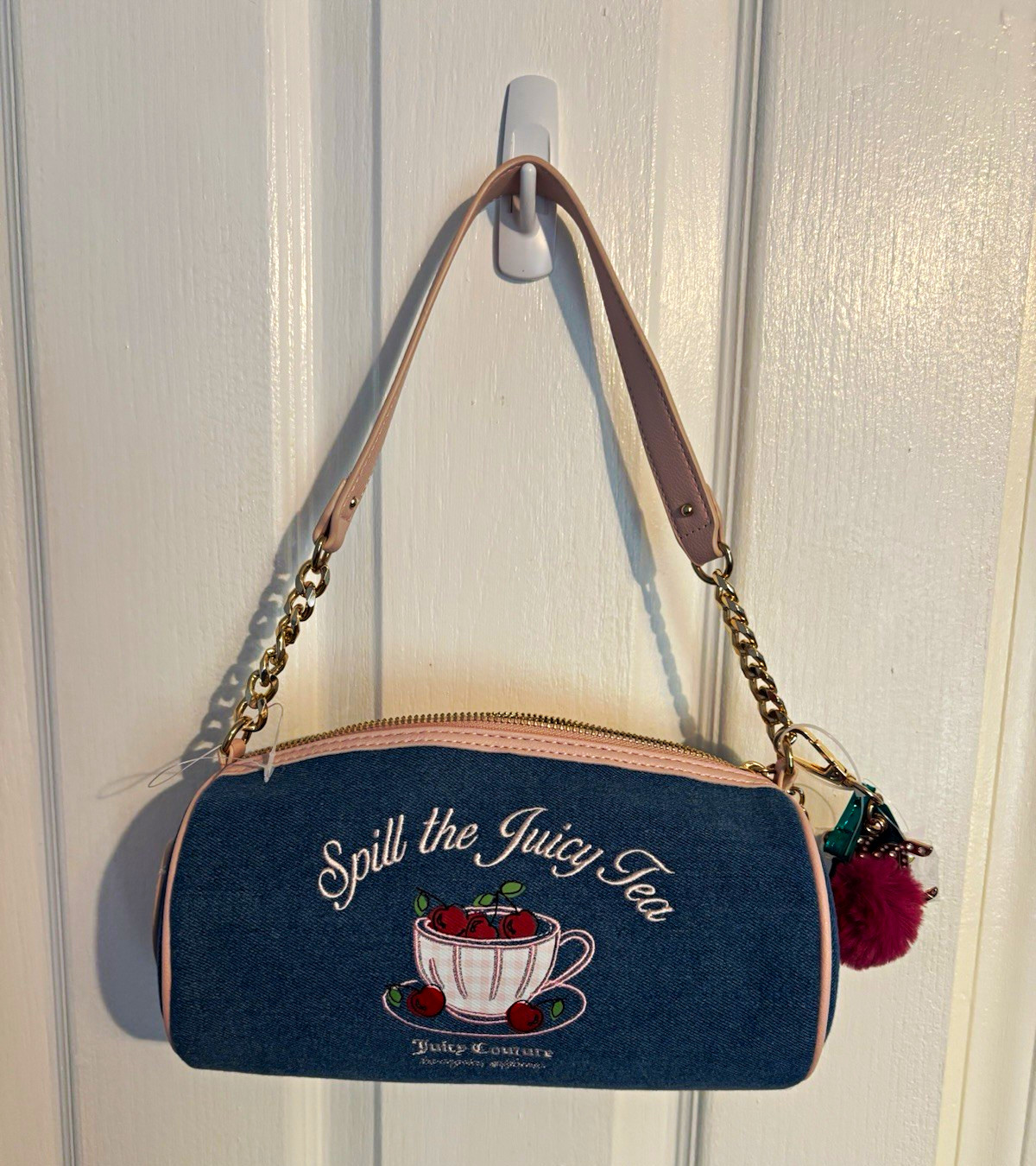 Juicy Couture Spill the Juicy Tea Cylinder Shoulder Bag Chain Strap Zip Charm