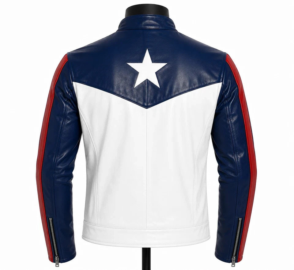 Men’s USA Flag Leather Jacket Genuine Cowhide Biker Jacket