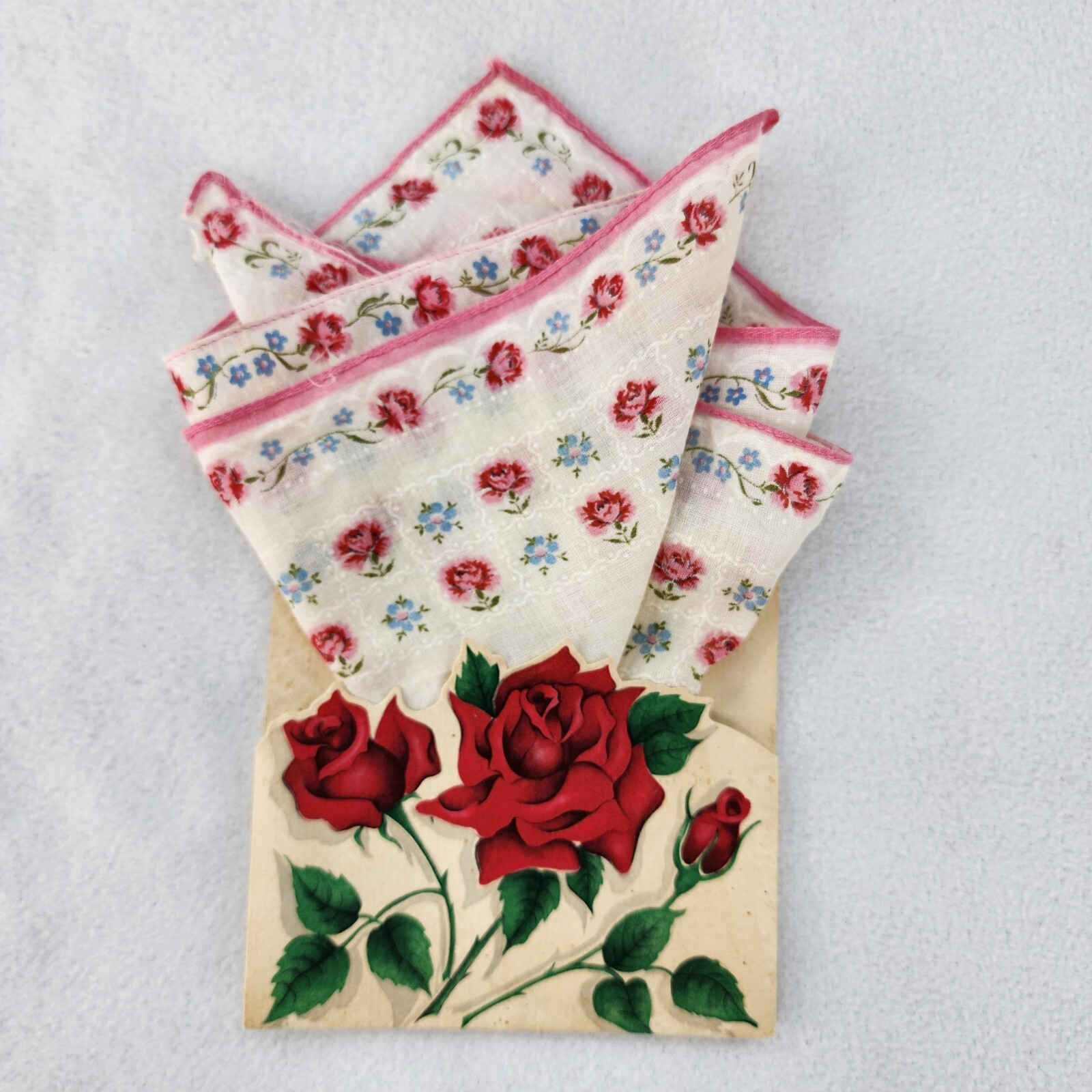 Vintage Handkerchief Red Roses in Original Paper Envelope 11.5” Floral FLAWED