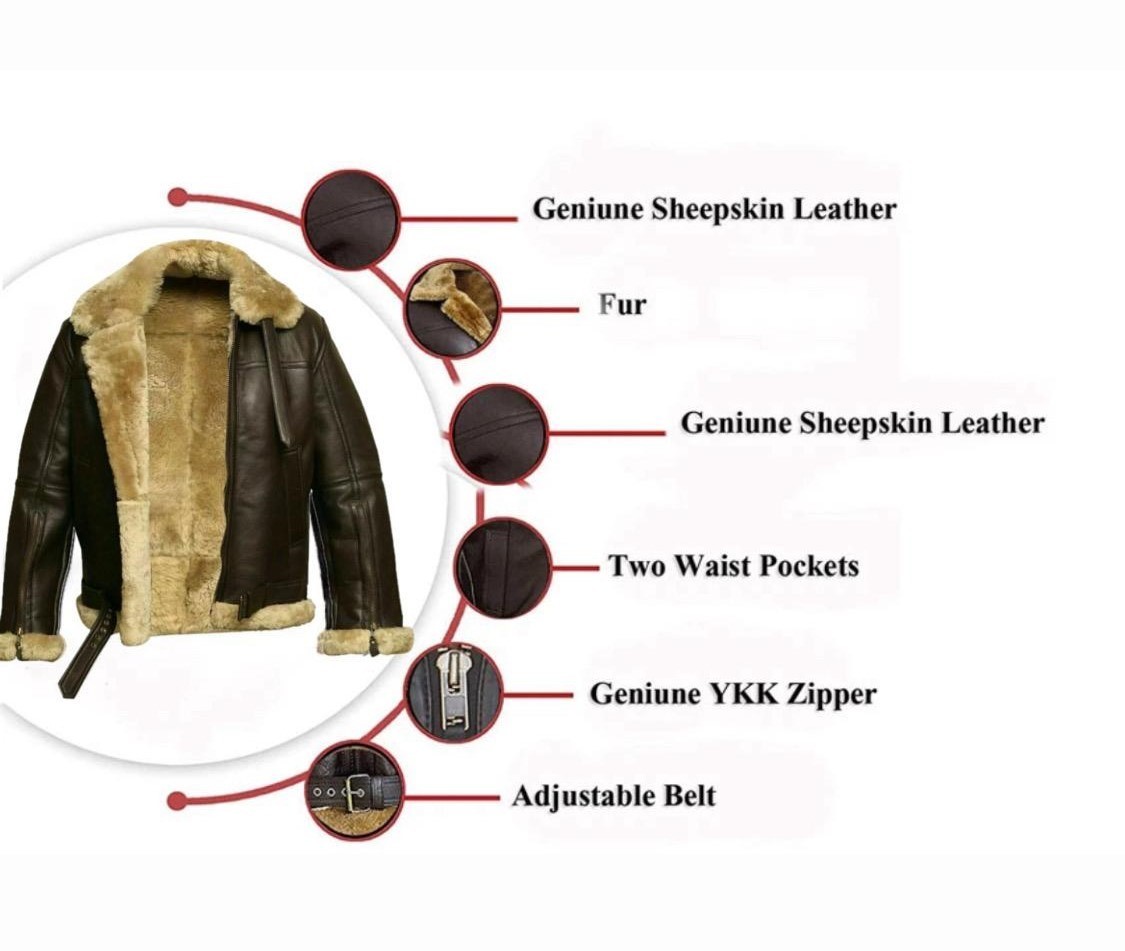 Men B3 Bomber Genuine Leather Jacket Real Sheepskin Aviator Fur Shearling Coat