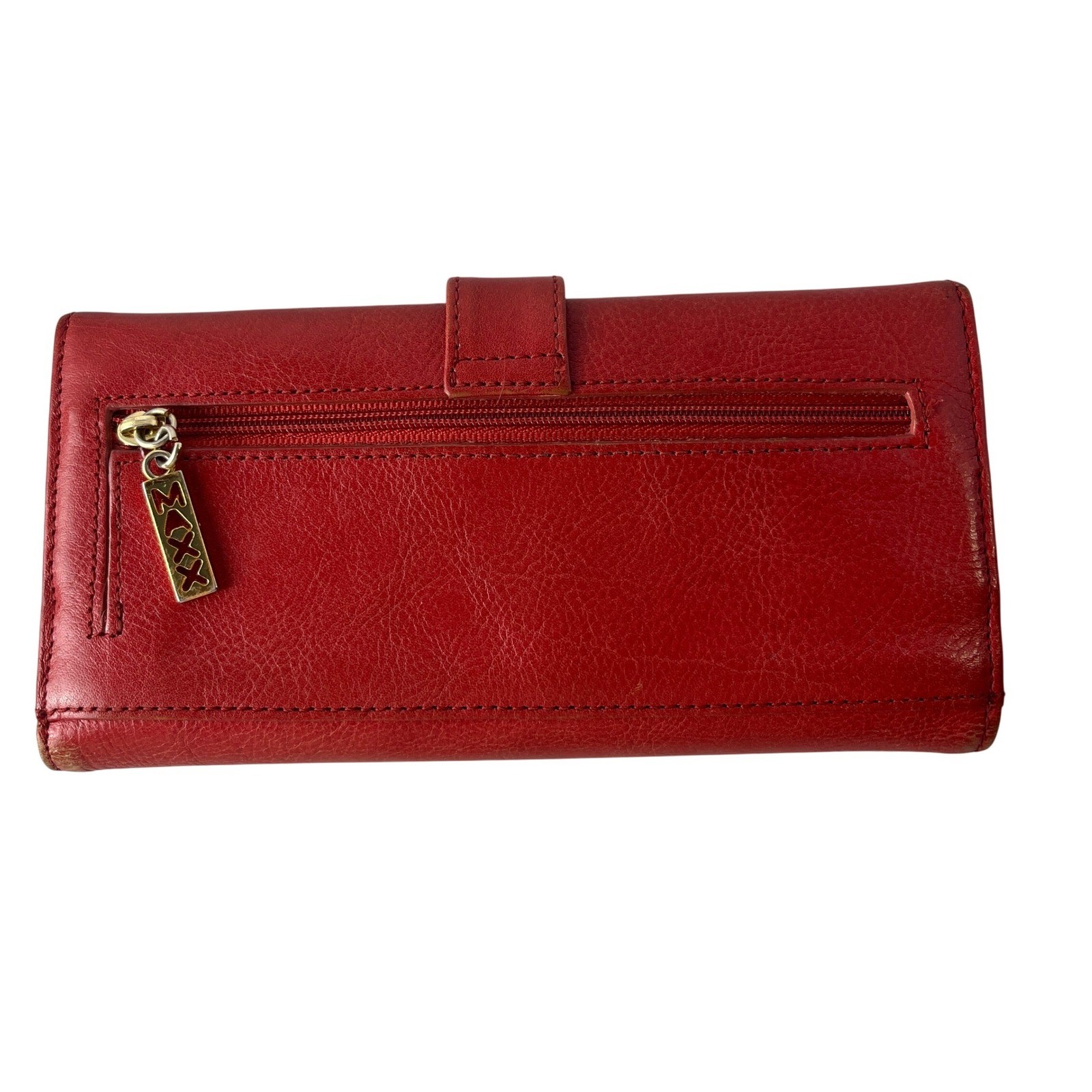 MAXX New York Red Leather Continental Wallet Gold Push Lock Zip