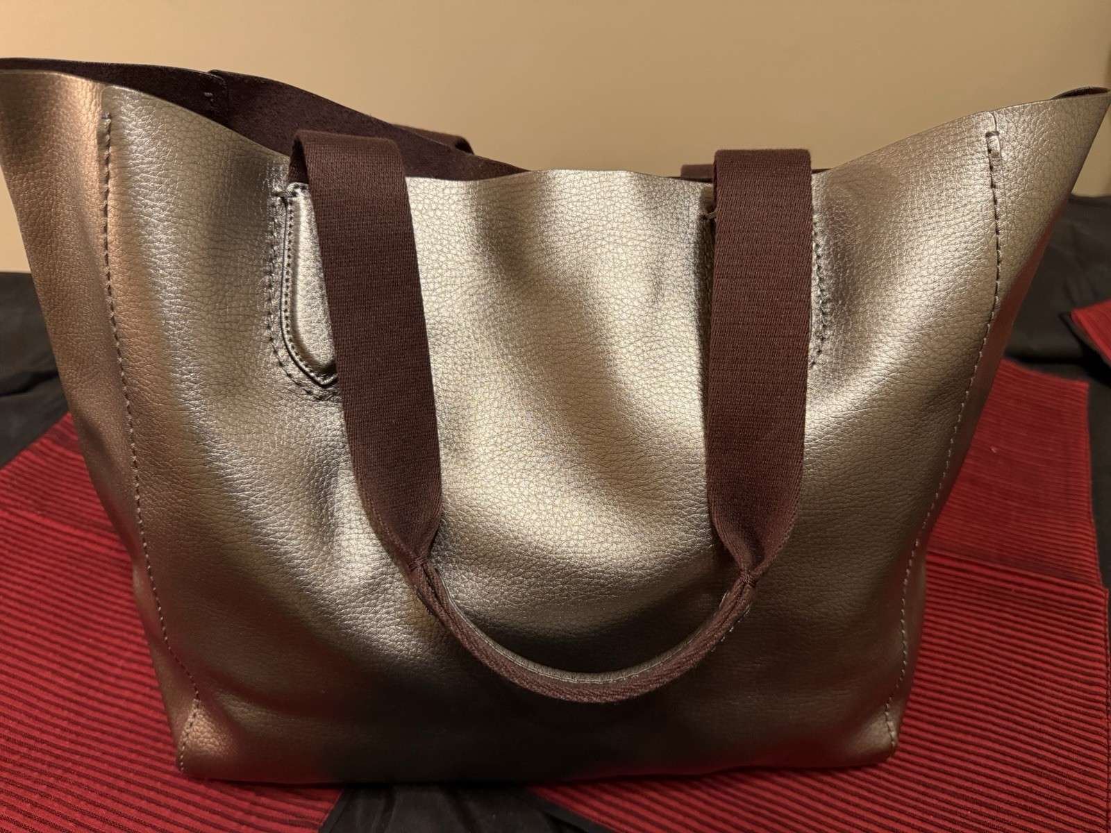 Coach Bronze Pebbled Tote Large Double Handles Snap Zip Inner Pockets Bag Charm