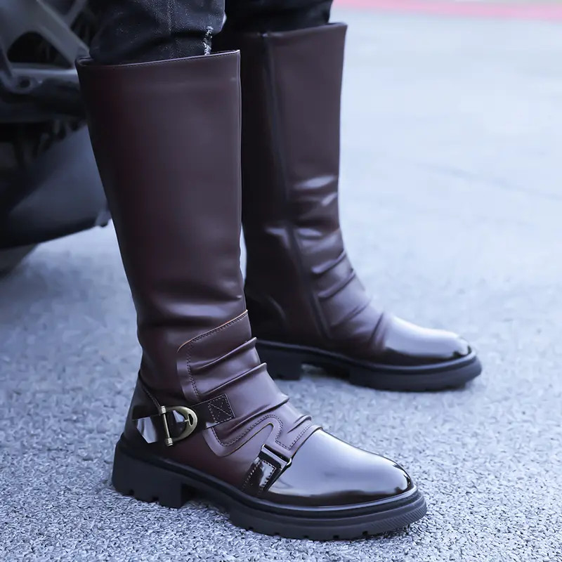 Mid Claf Boots Men’s Vintage Pleated Patent Leather Riding Motorcycle Punk Shoes