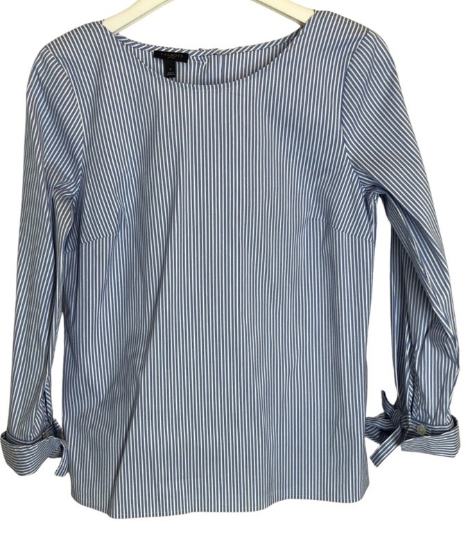 Talbots Petite Bow Accent Top P S Blue White Stripe French Cuff Button Closure