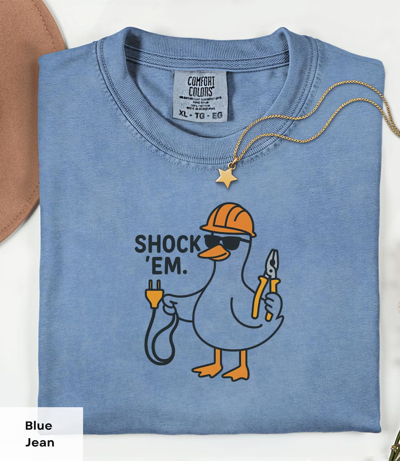 Funny Electrician T-Shirt Shock Em Duck Lineman Blue Collar Gift Top