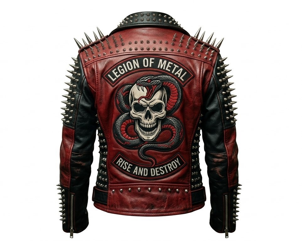 Men’s Punk Rock Studded Leather Jacket – Red Black Spiked Skull Biker Motorcycle