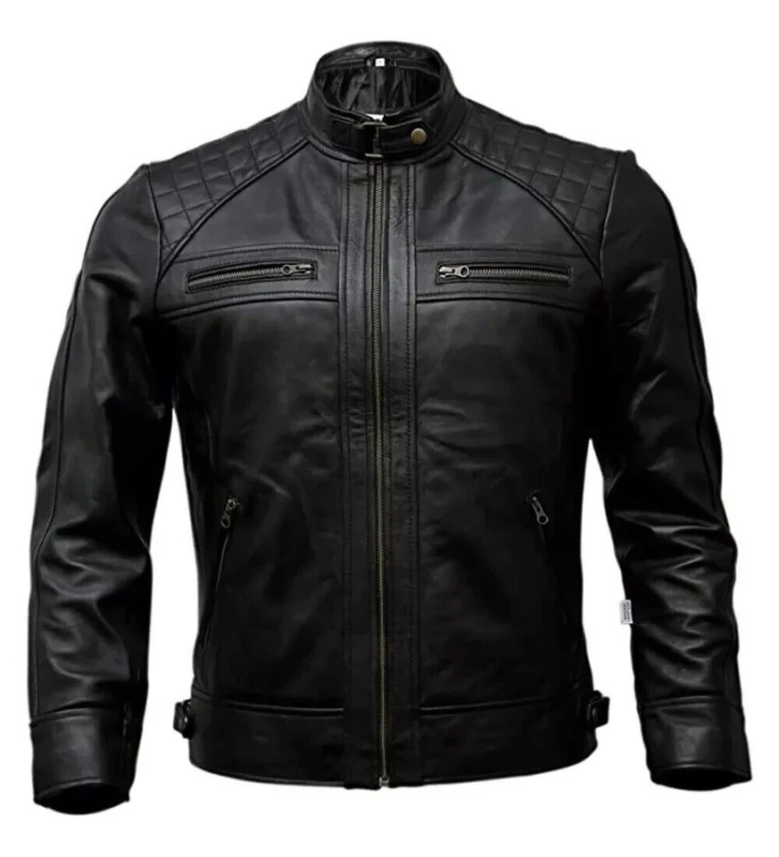 Men’s Genuine Leather Café Racer Biker Jacket Black Motorcycle Jacket Moto Style