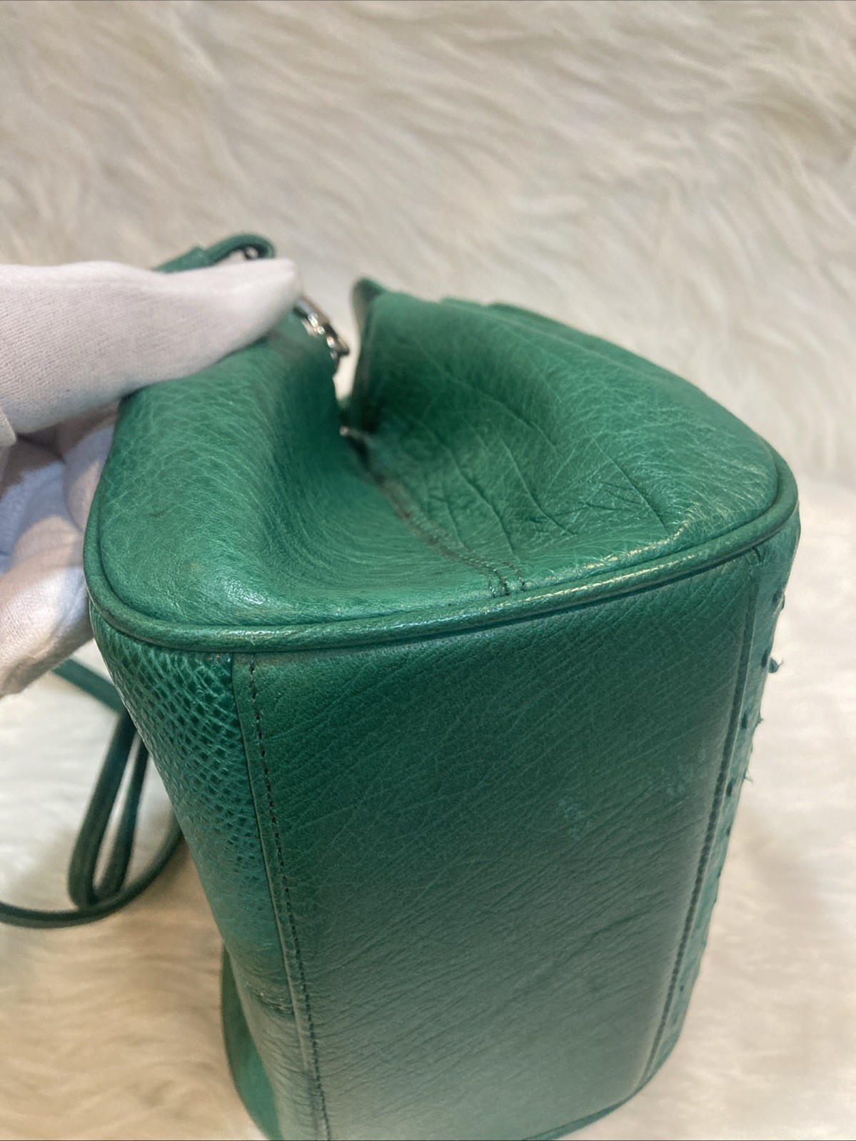 Ostrich Leather Shoulder Bag Green Crossbody Purse Women’s 17cm Vintage