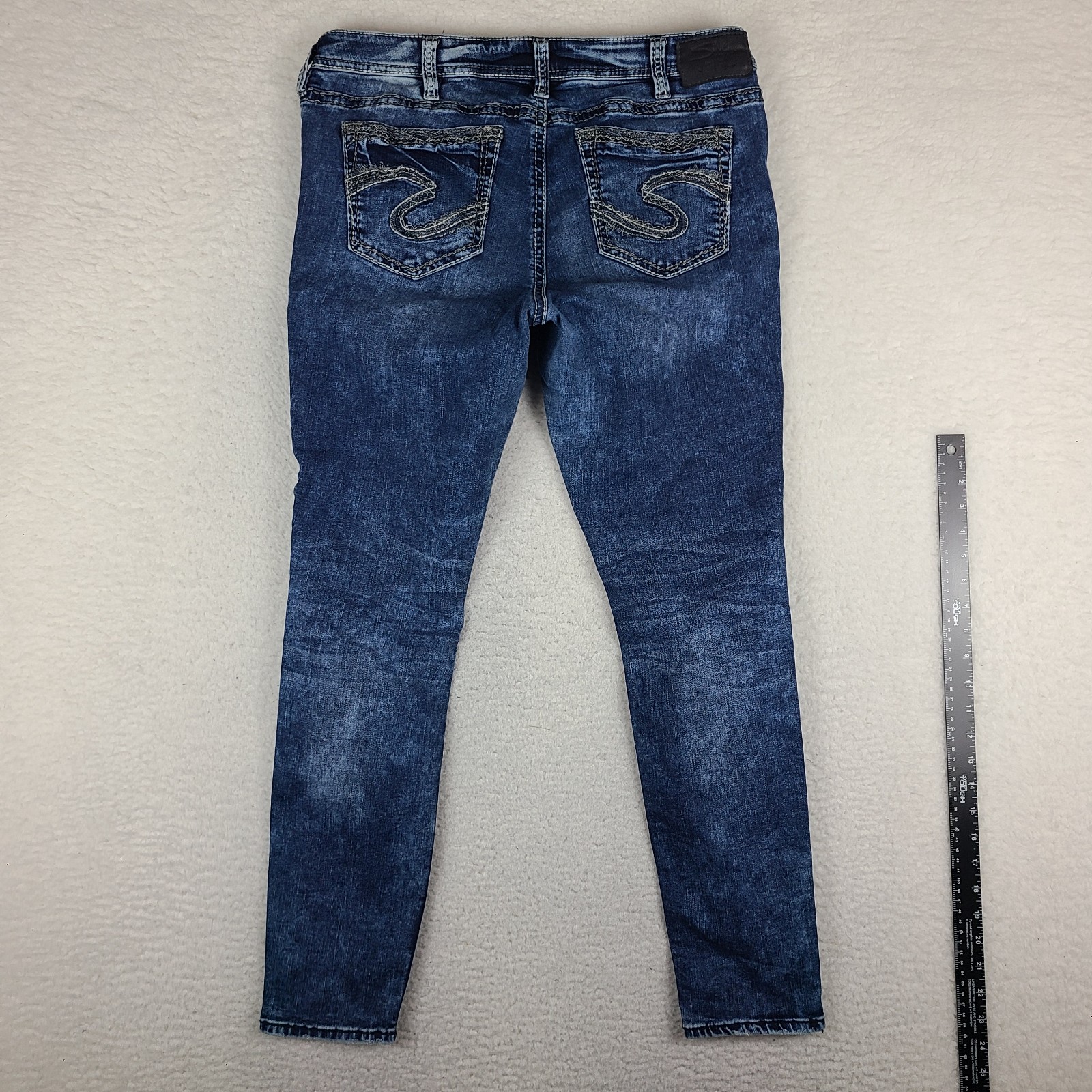 Silver Jeans Womens 16×30 Blue Denimotion Suki Skinny Distress Dark Wash Denim