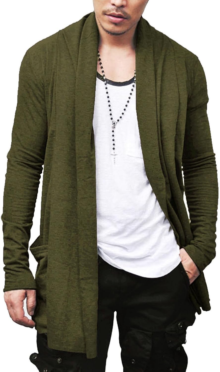 Men’s Lightweight Open Front Cardigan Longline Drape Sweater with Pockets Shawl