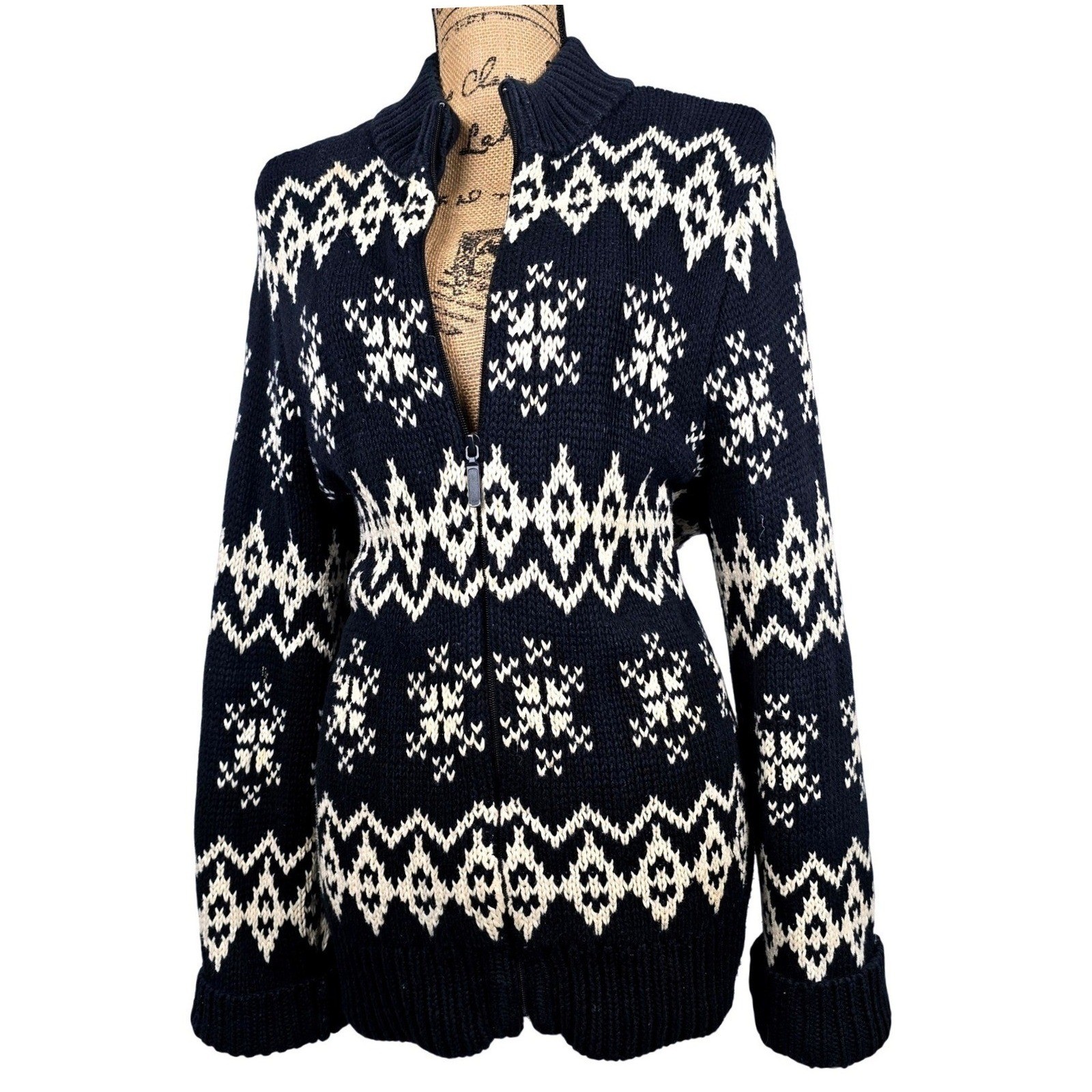 New York & Company Fair Isle Zip Sweater XL Black off White Nordic Snowflake