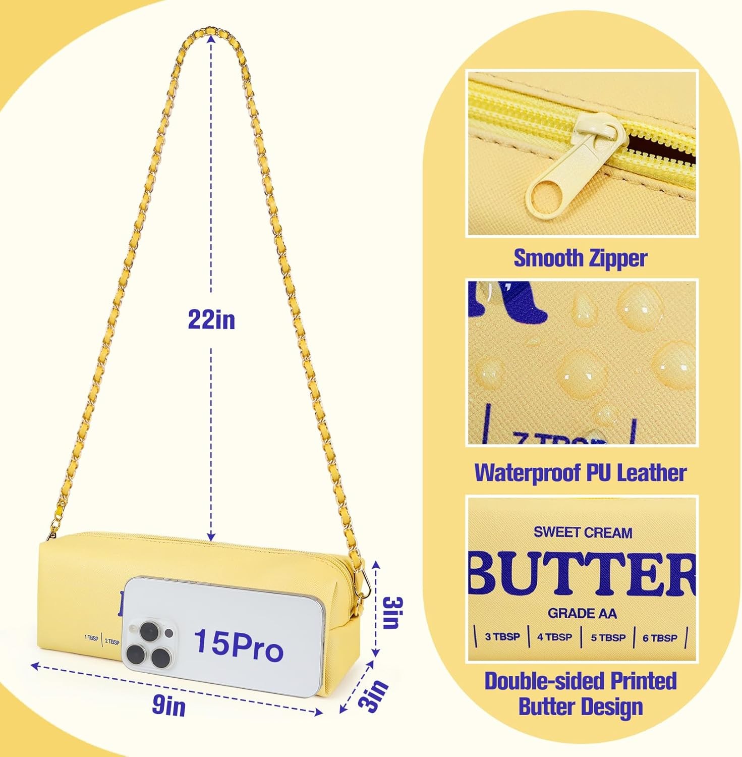 Funny Butter Stick Crossbody Bag – Soft Vegan Leather Purse with Gold Chain