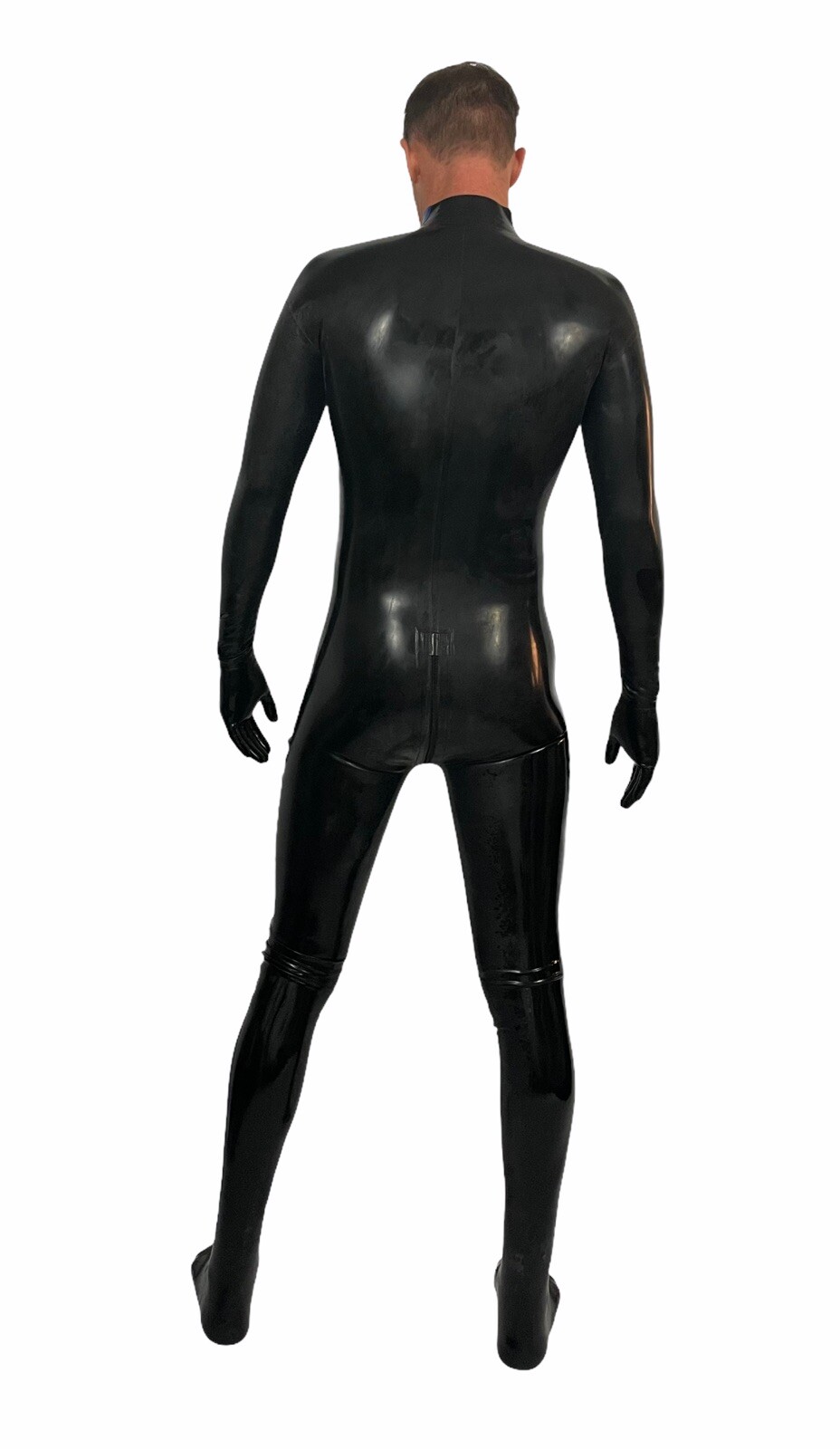 Latex Rubber Chest Zipper, Crotch Zipper, gloves, socks Black, Blue Strips