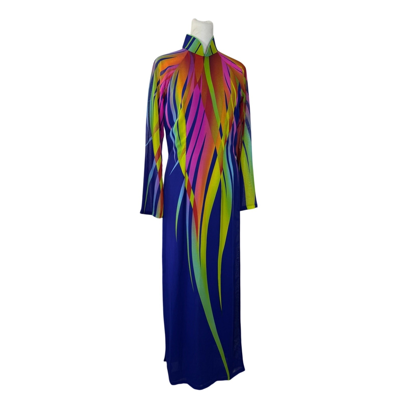 Multicolored Semi-Sheer Long Sleeve Ankle Length Tunic w/ High Side Slits