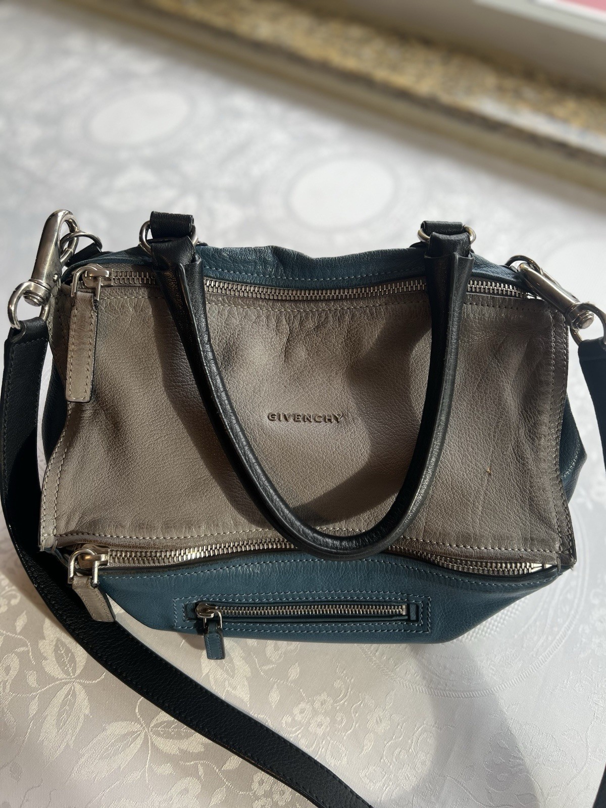 Givenchy Pandora Medium Leather Bag Satchel Sugar Goatskin Blue/Gray Two Tone