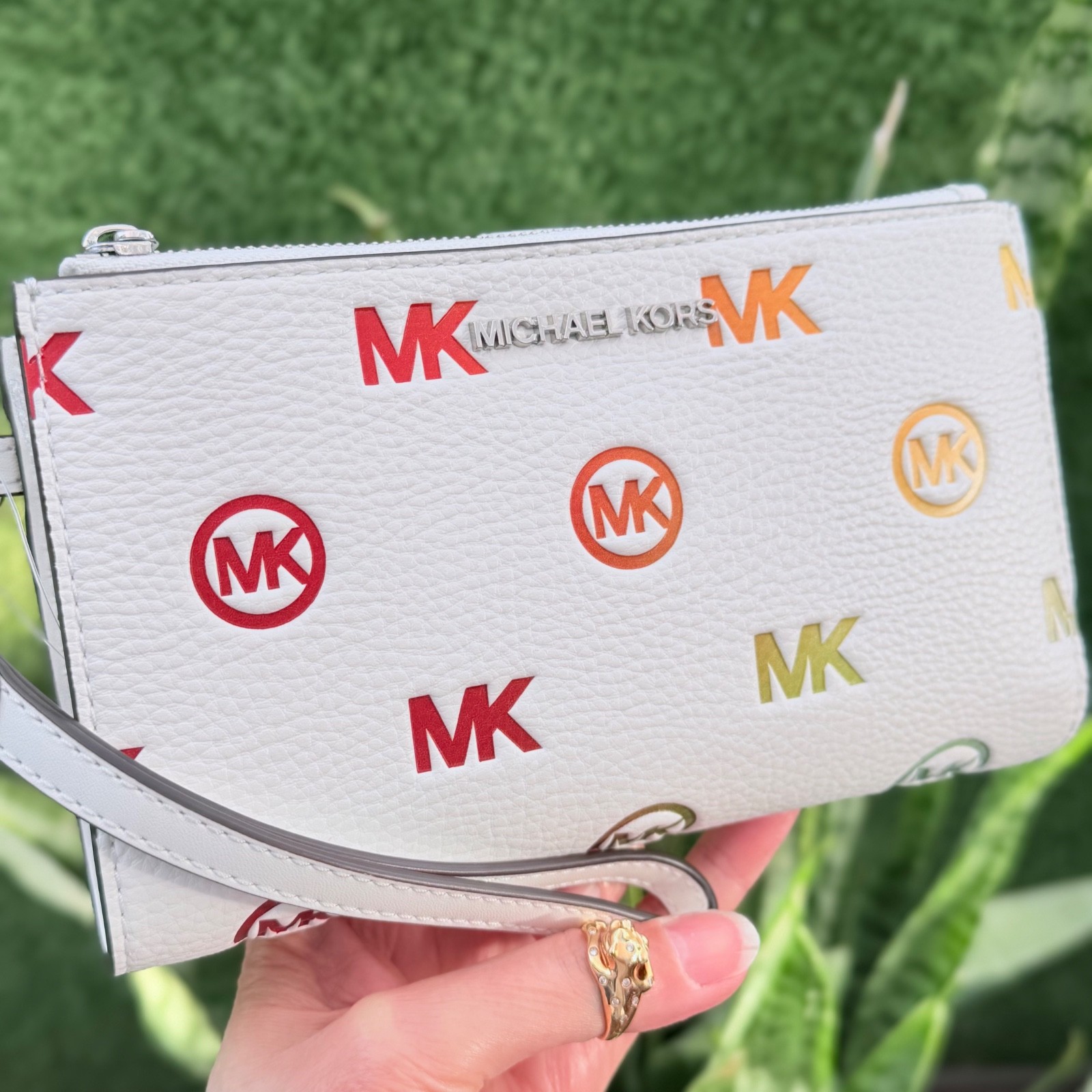 Michael Kors Jet Set Travel Double Zip Wristlet Wallet MK Rainbow Optic White