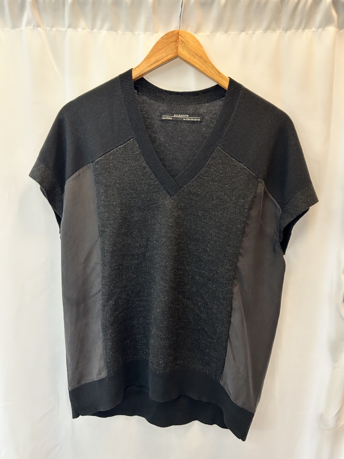 All Saints Calvo Charcoal Mixed Texture Dropped Sleeve Wool & Silk Top – Size 4