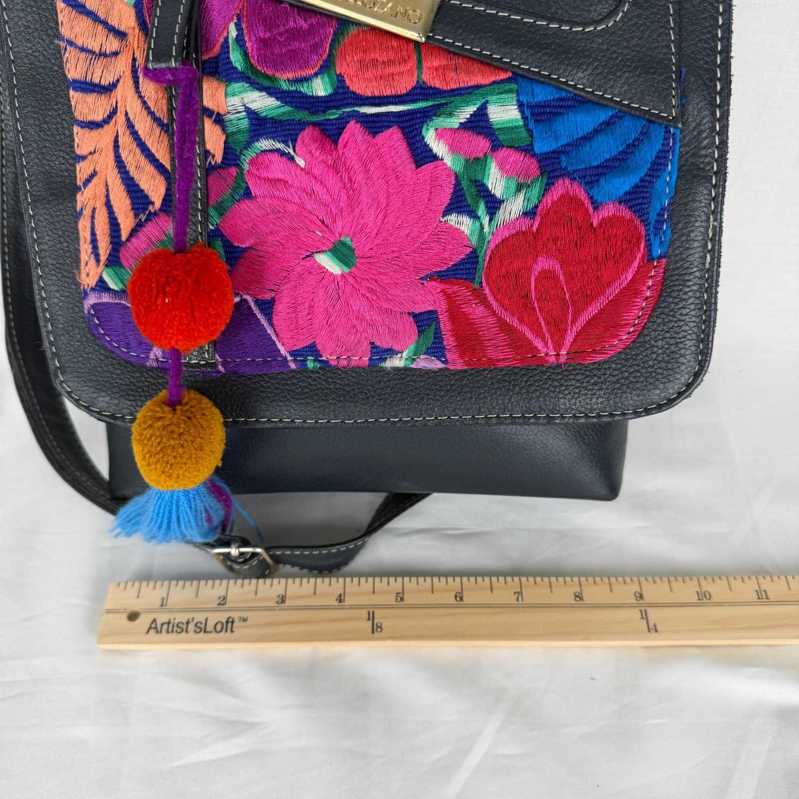 Angelozano Mexican Leather Crossbody Bag Floral Embroidered Tassel Black Boho