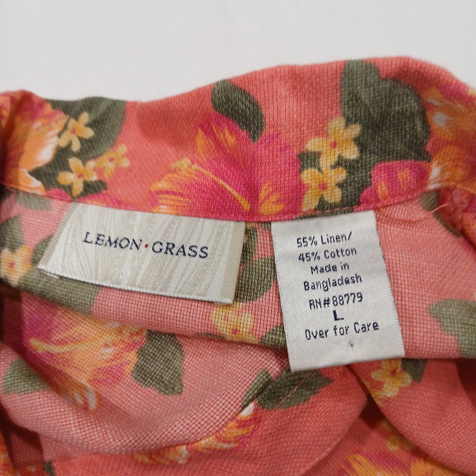 Lemon Grass Womens L Coral Button Up Shirt Hawaiian Hibiscus Linen Cotton Aloha
