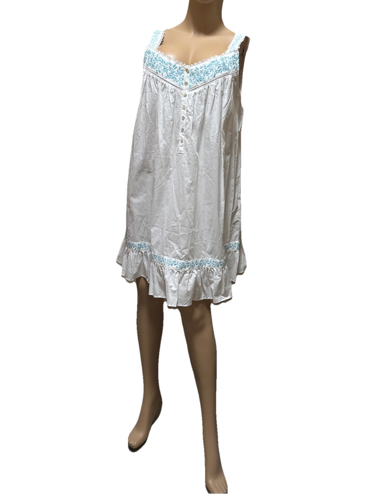 Eileen west nightgown Large 100% Cotton lawn Aqua Blue Embroidery Gorgeous.