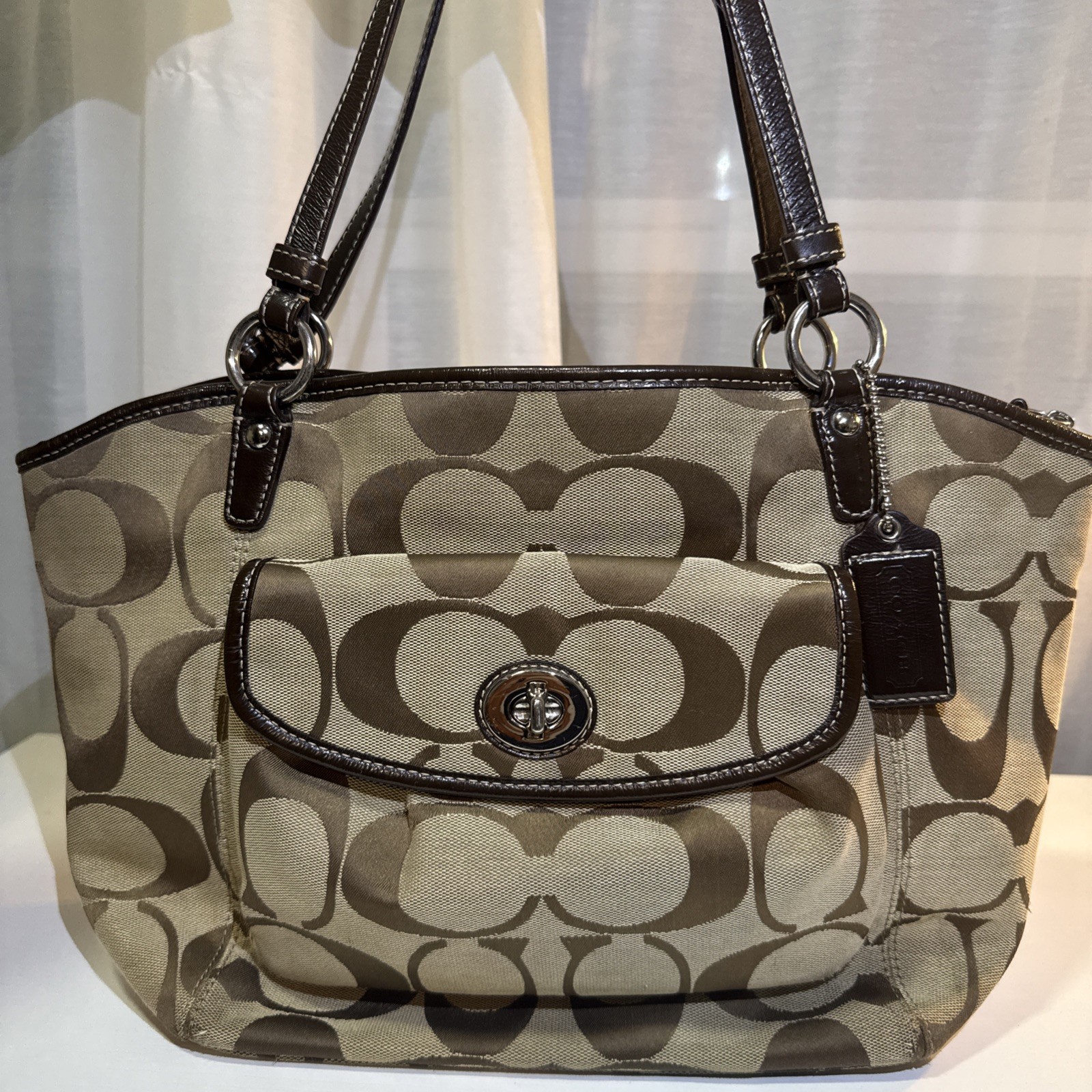 Genuine Coach Khaki/Brown Signature Turnlock Pocket Bag – #B1077-F14659