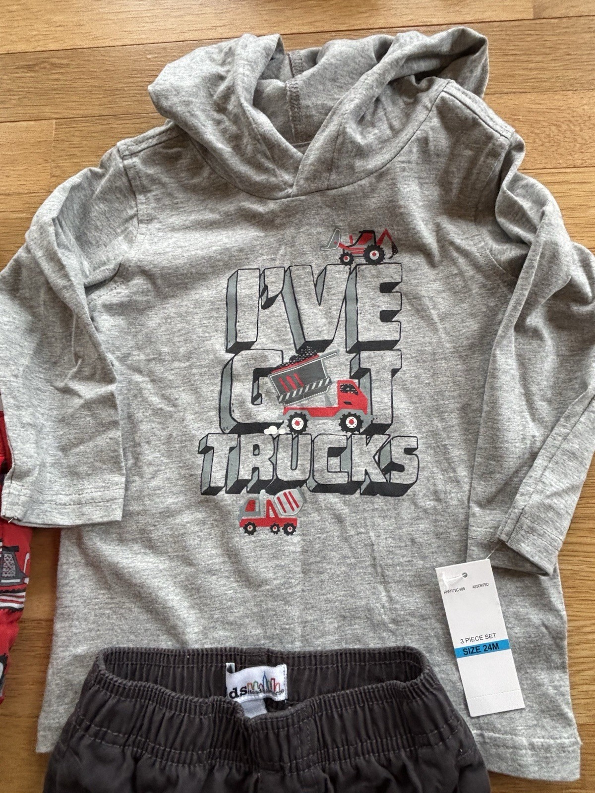 Kids Headquarters 3 Pc Outfit 24M 2T Trucks Hoodie Pants Puffer Vest Red