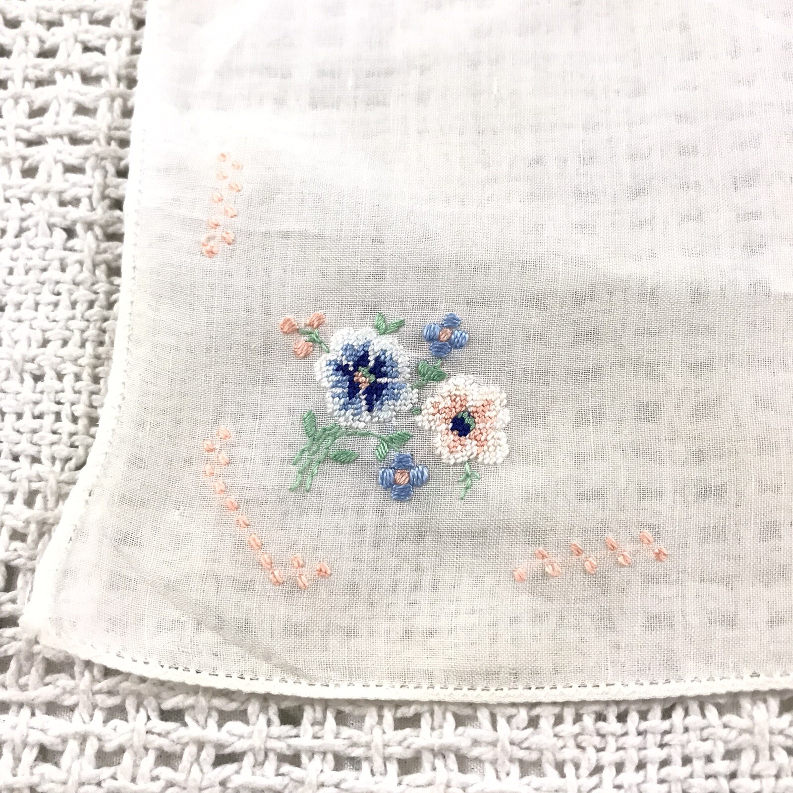 Embroidered Floral Handkerchief Pink Blue White Simple Delicate 9.5″ Vintage