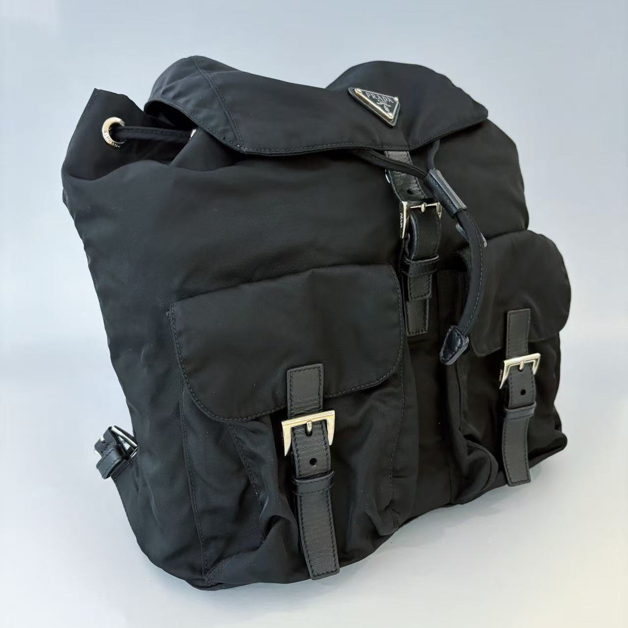 Prada Regular Black Re-Nylon Saffiano Trim Nylon Drawstring Flap Backpack