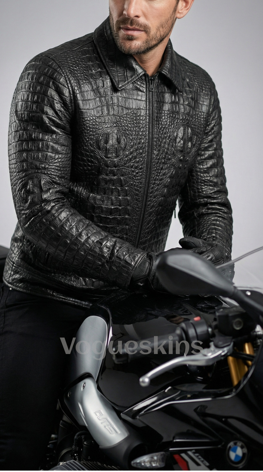 Men’s Black Crocodile Embossed Leather Jacket Real Cowhide Biker Slim Fit