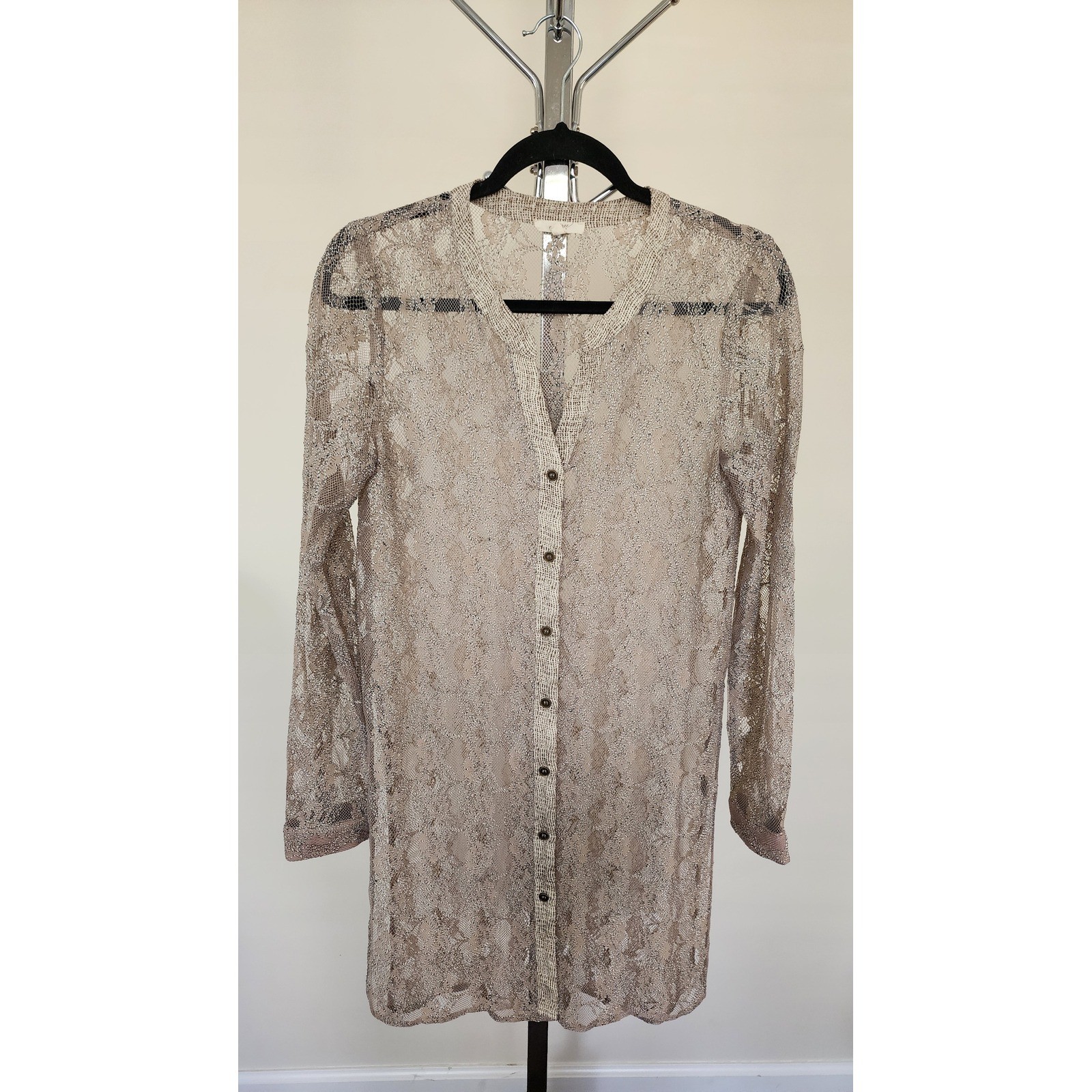 Mystree Women Beige Metallic Lace Sheer Button Down Cardigan Quiet Luxury