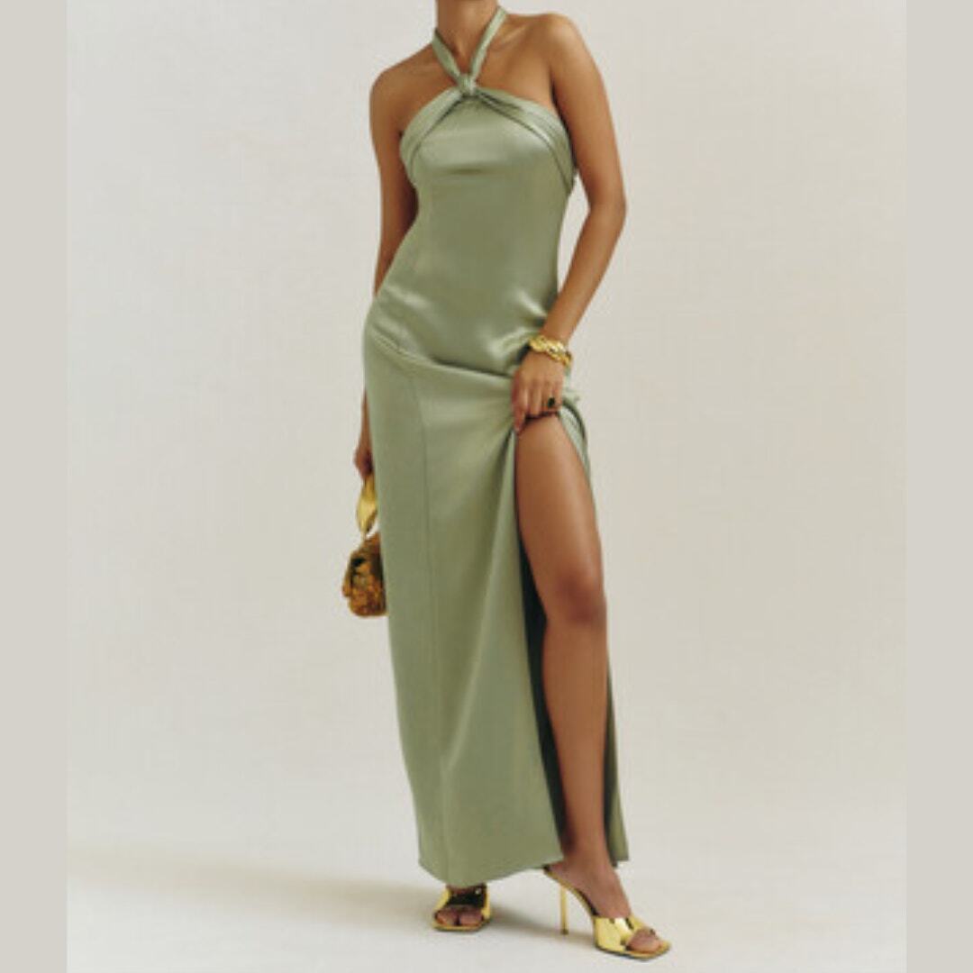 Reformation Kavi Satin Maxi Dress NEW Artichoke Green Side Slit Halter Size 6