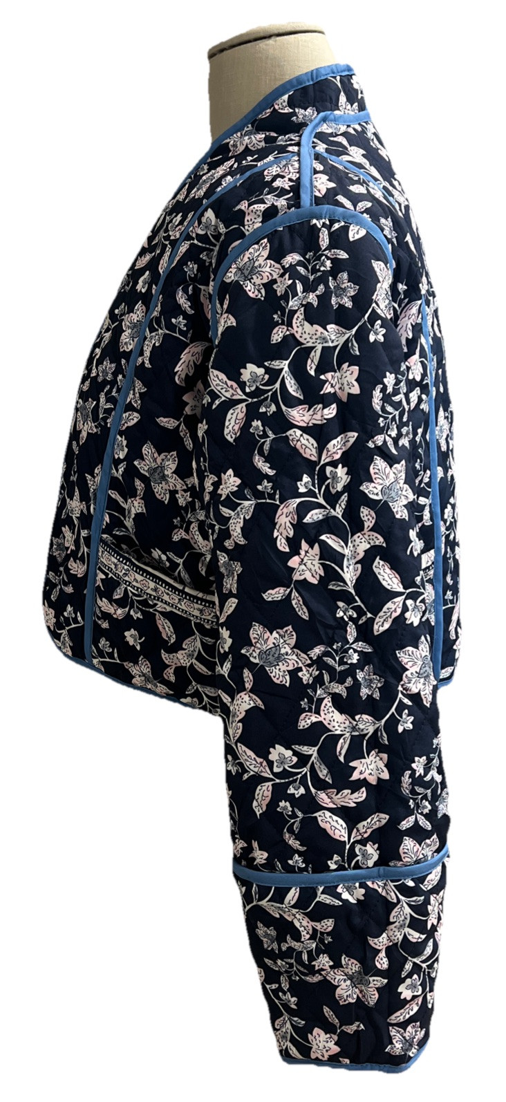 Reversible Quilted Jacket Cropped Sz MED* Navy Blue Floral Ivory/Pink