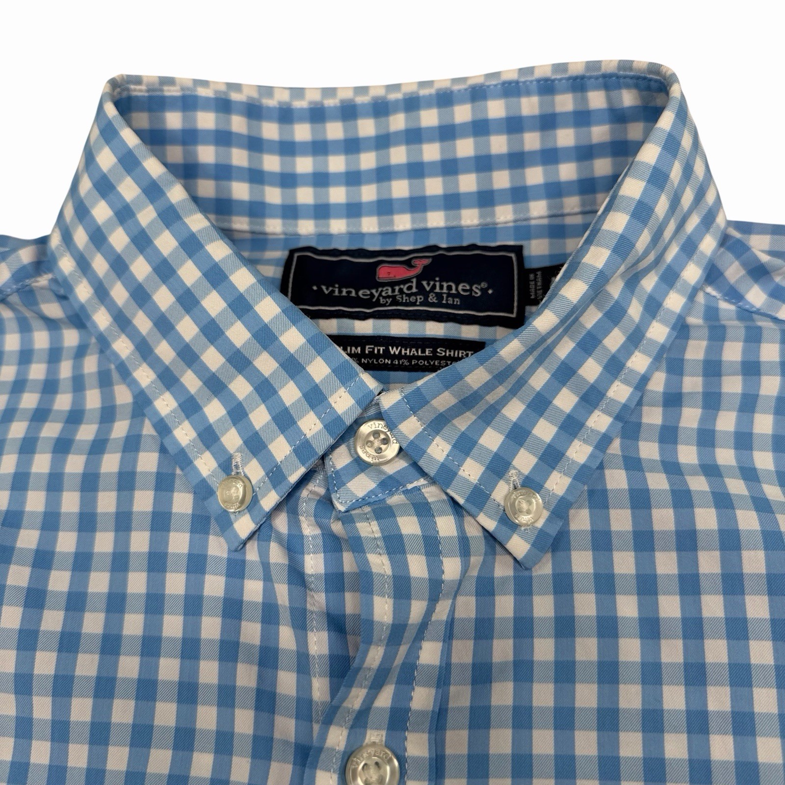 Vineyard Vines Mens M Blue Check Slim Fit Whale Long Sleeve Shirt Nylon/Poly