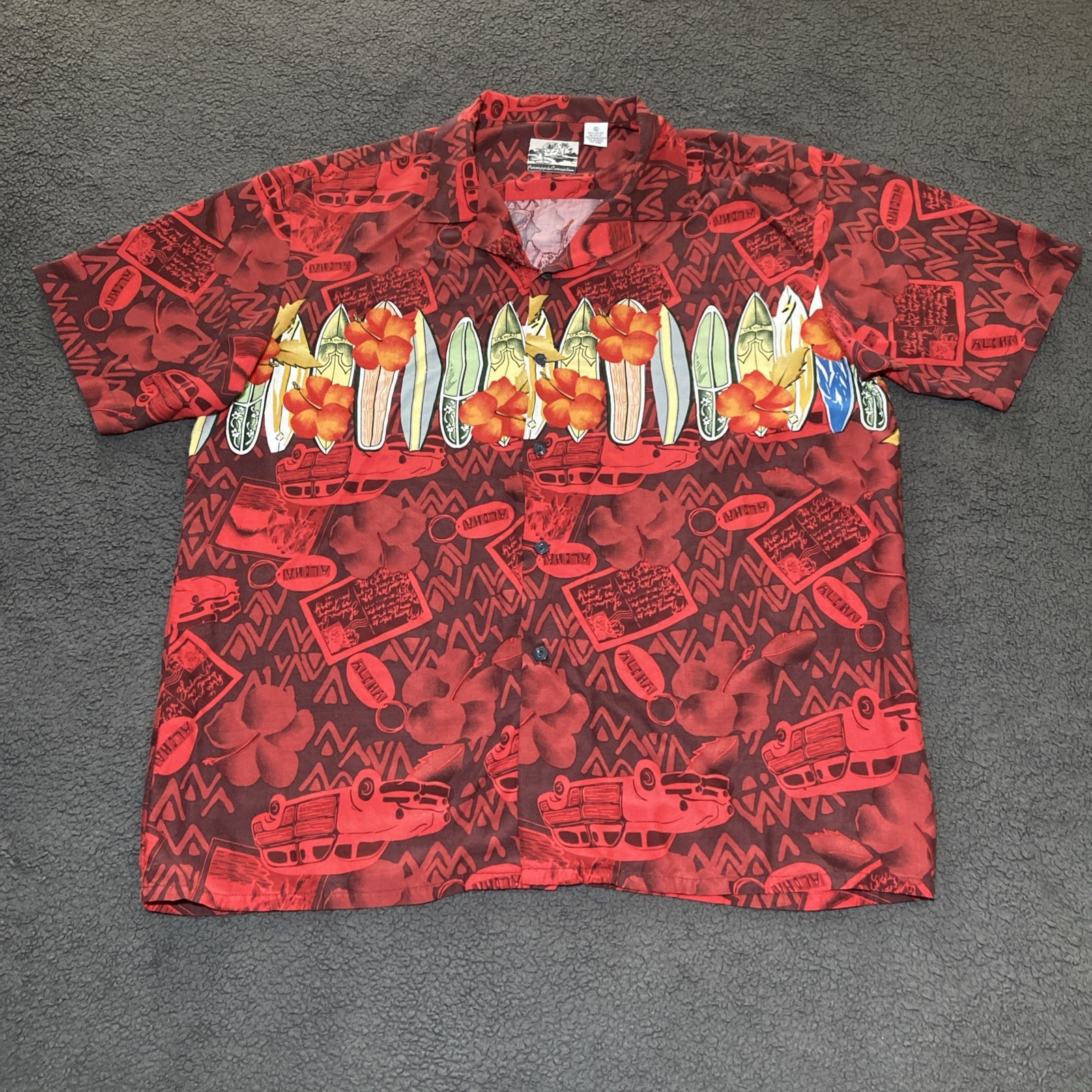 Vintage Pineapple Connection Hawaiian Shirt Men Size XL Rayon Surfing Boards Red