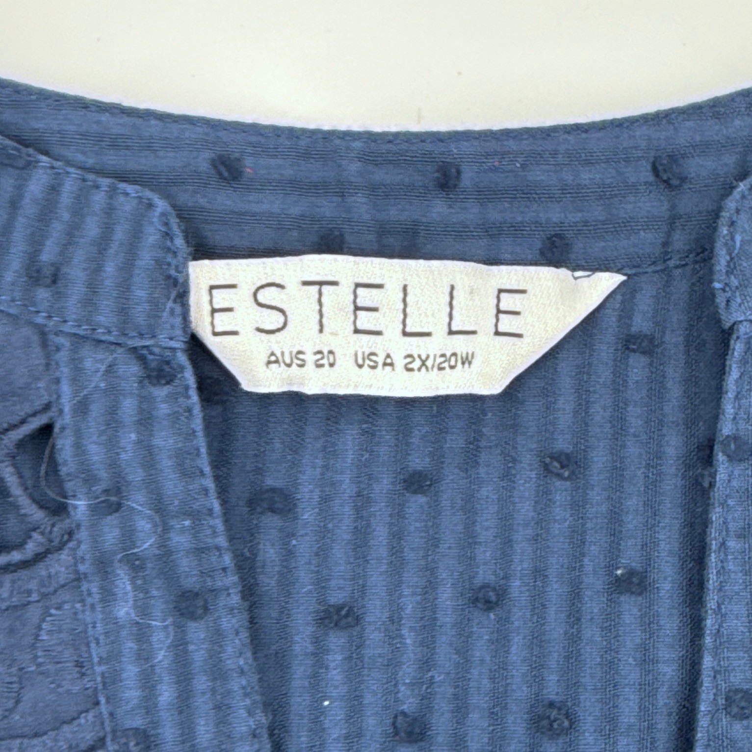 Estelle Navy Blue 2X/20W Eyelet Flutter Sleeve Button Down Blouse Top Swiss Dot