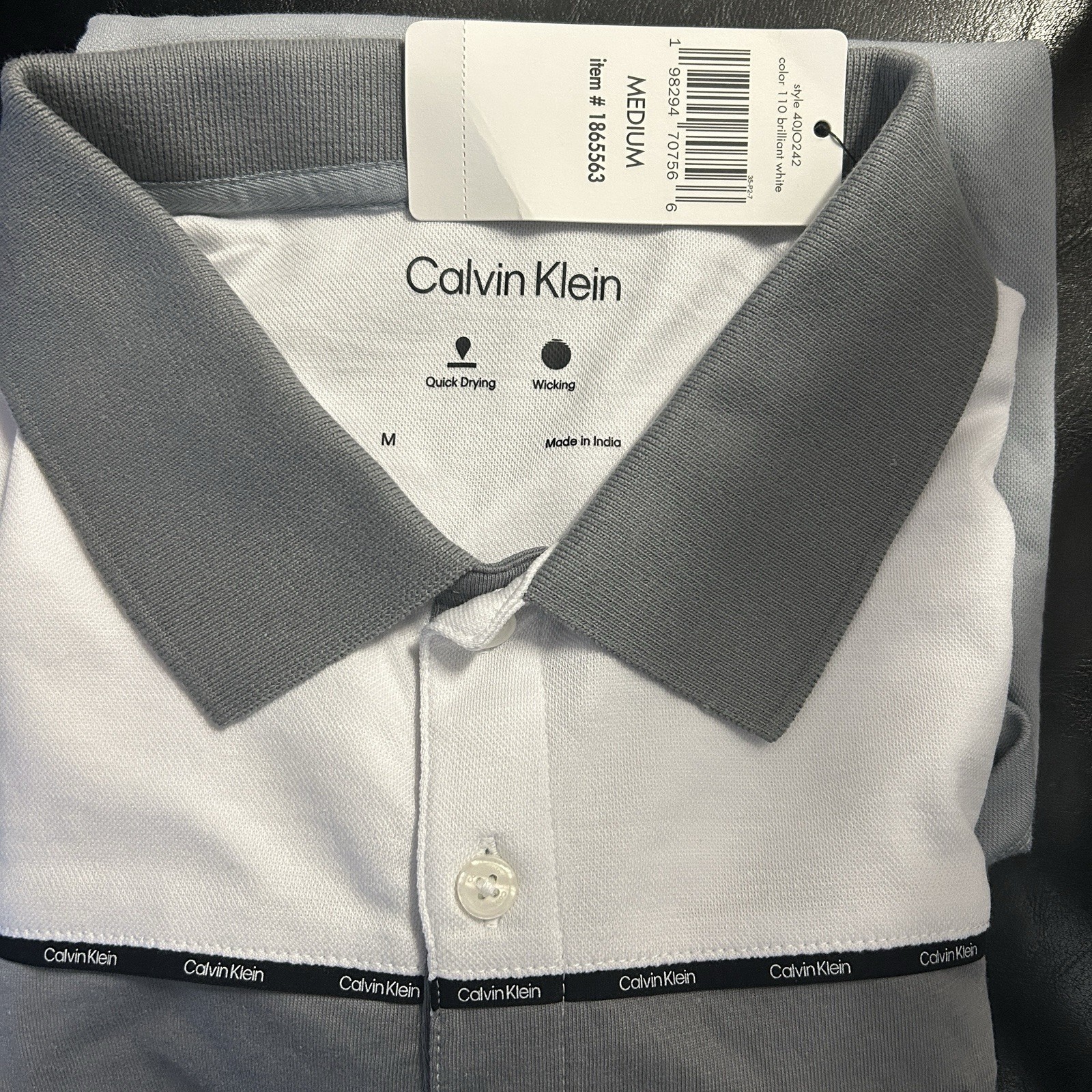 Calvin Klein Polo Shirt, M, White Gray, Quick Dry Wicking Split Hem Short Sleeve