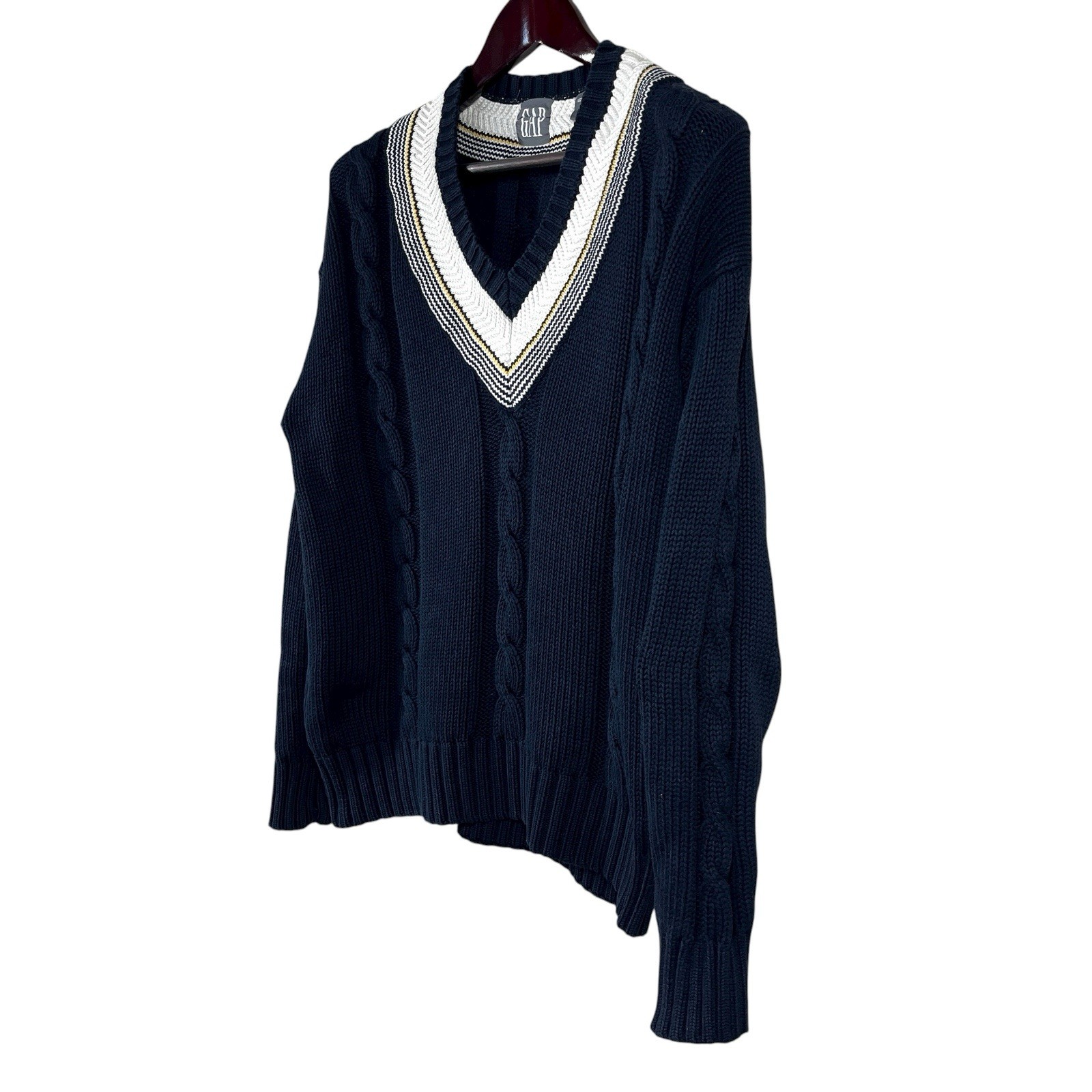 Vtg Gap Cable Knit V-Neck Tennis Sweater Mens M Navy Cotton Preppy Criquet