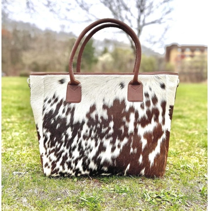 Genuine Cowhide Leather Tote Bag Hair-On Brown White Shoulder Handbag Western