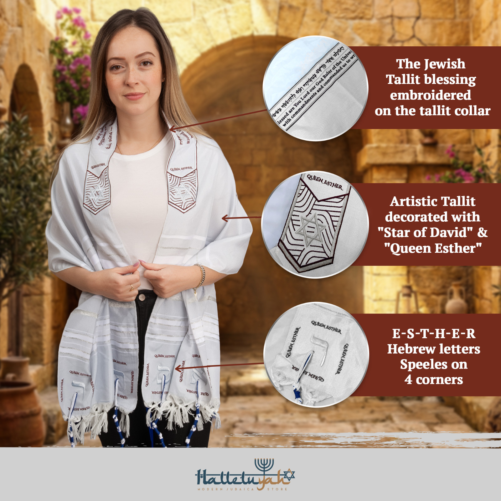 HalleluYAH Queen Esther Tallit Prayer Shawl 72″x 22″ with Bag | Designed in IL