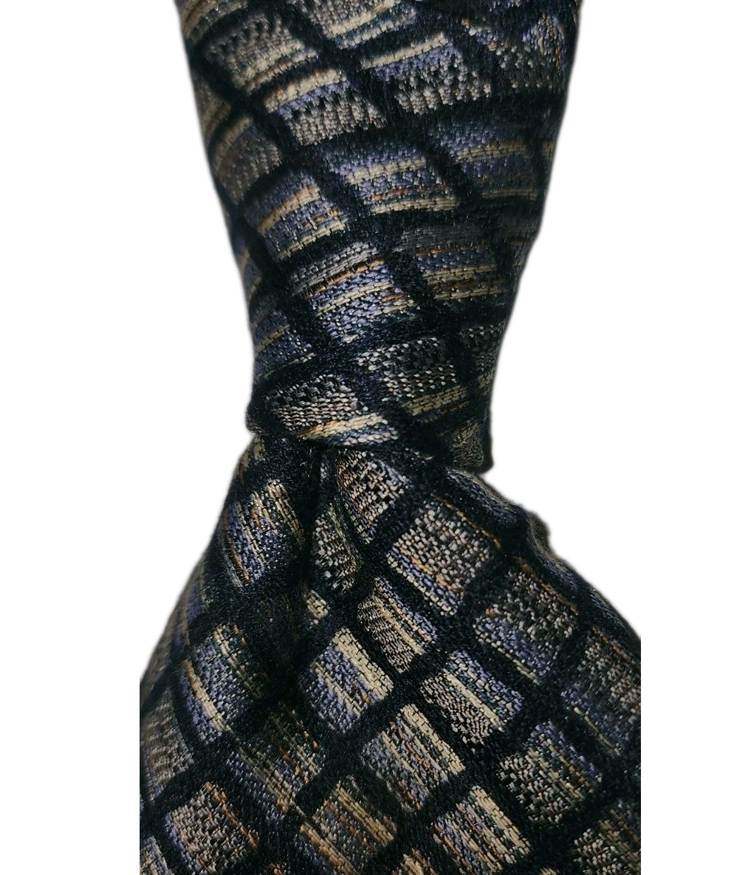 Structure Men’s Designer Silk Woven Tie Geometric Pattern Black Gold Blue