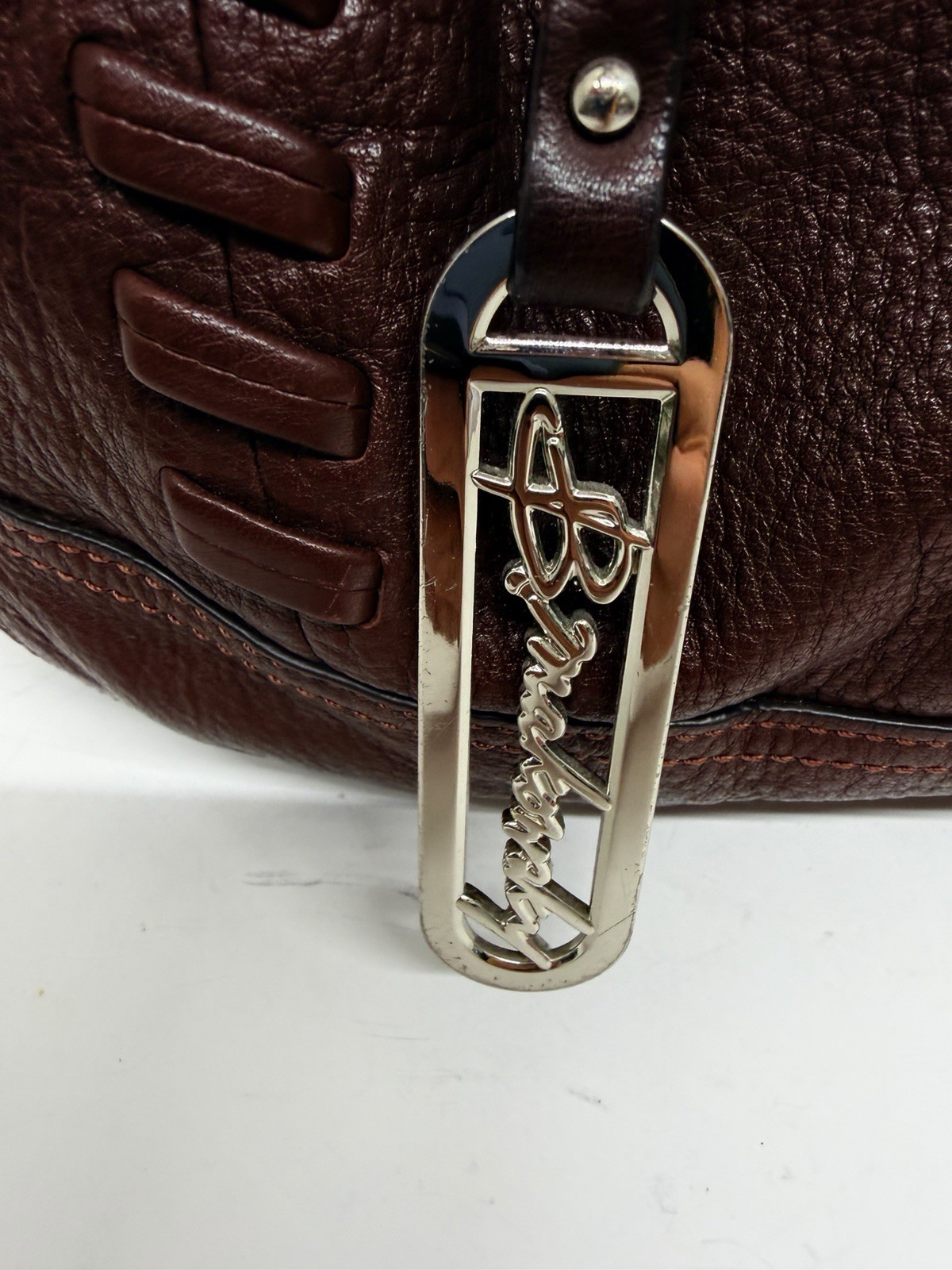 B. Makowsky Brown Pebbled Leather Shoulder Bag Satchel Purse Braided Handles