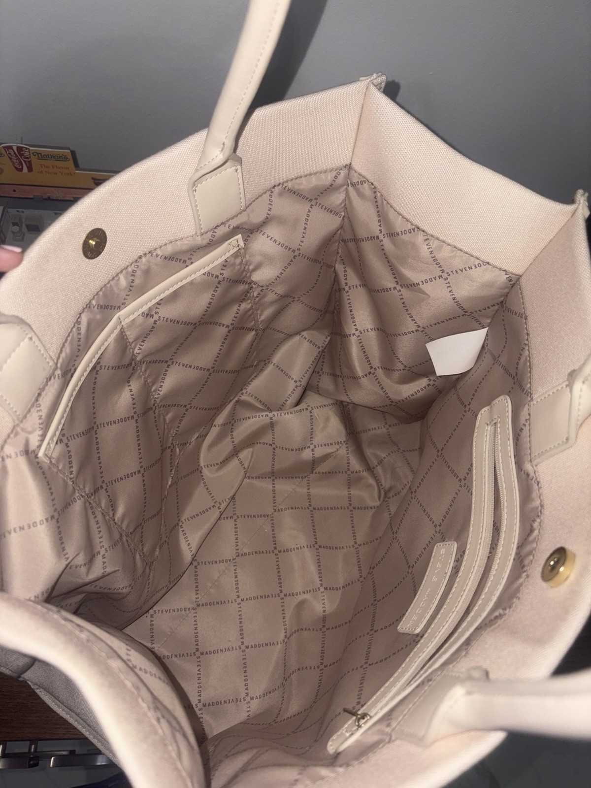 Steve Madden Beige Logo Tote Bag w/ Pouch Detachable Strap Zip Magnetic Pockets