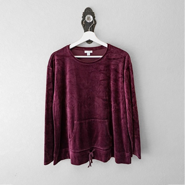 J Jill Burgundy Velour Pullover Large Kangaroo Pocket Drawstring Hem Soft Cozy