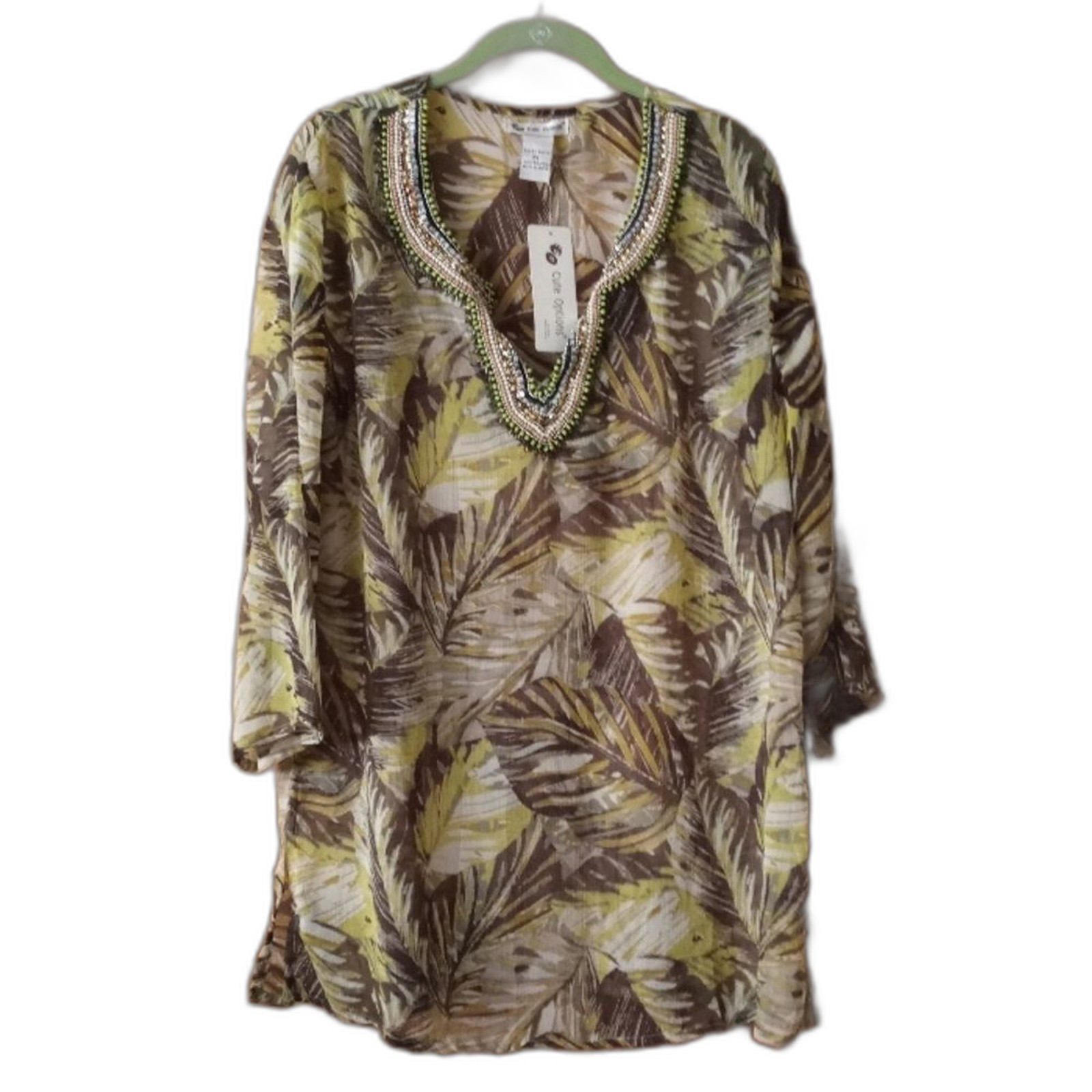 Cute Options Size XL Sheer Beaded Leaf Print Pullover Tunic Cover-up NWT